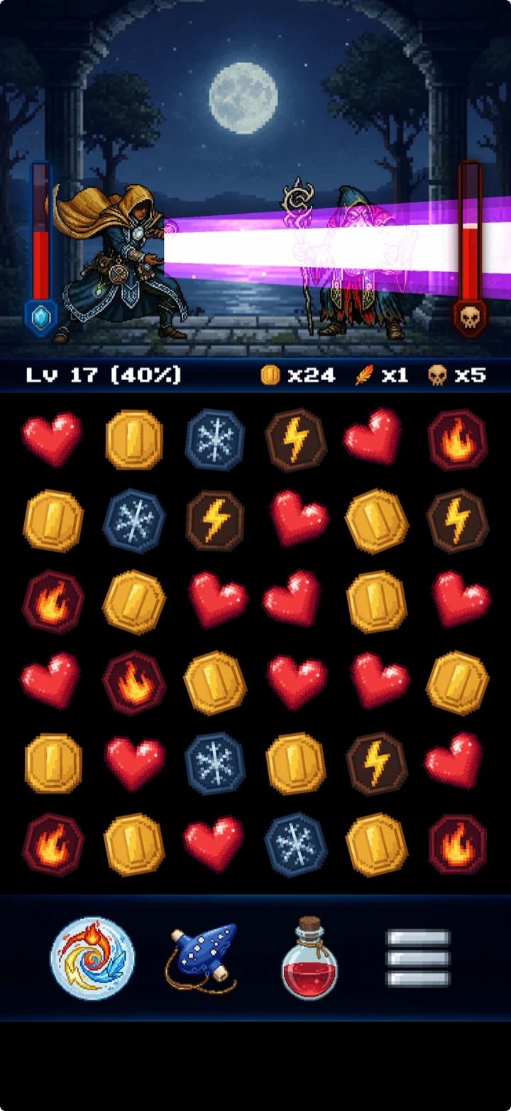 Dungeon Story — Arcanist channels a beam at a wizard in a moonlit ruin, board below mixing fire, ice, and lightning runes