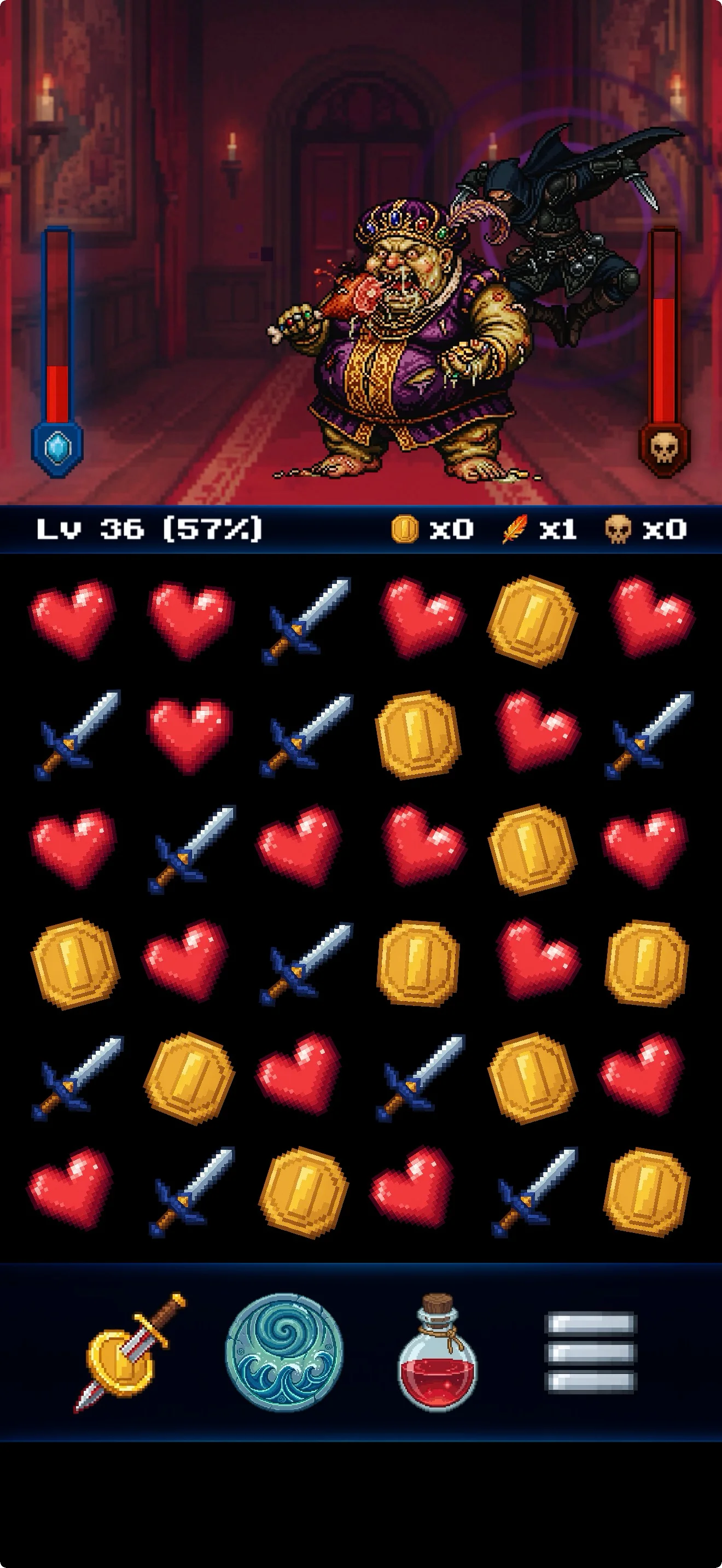 Dungeon Story — Thief strikes the Feast King in a candle-lit Crimson Manor throne hall