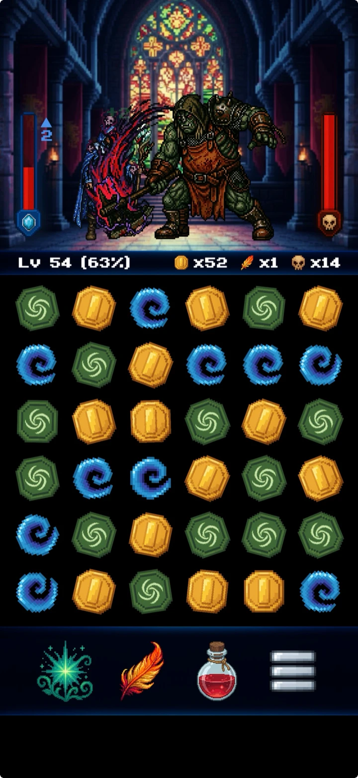 Dungeon Story — Necromancer faces a towering orc brute beneath a stained-glass cathedral window