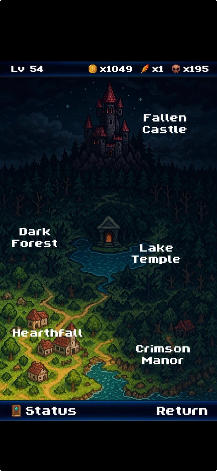 Dungeon Story — world map showing Hearthfall village, Dark Forest, Lake Temple, Crimson Manor, and the Fallen Castle on the horizon