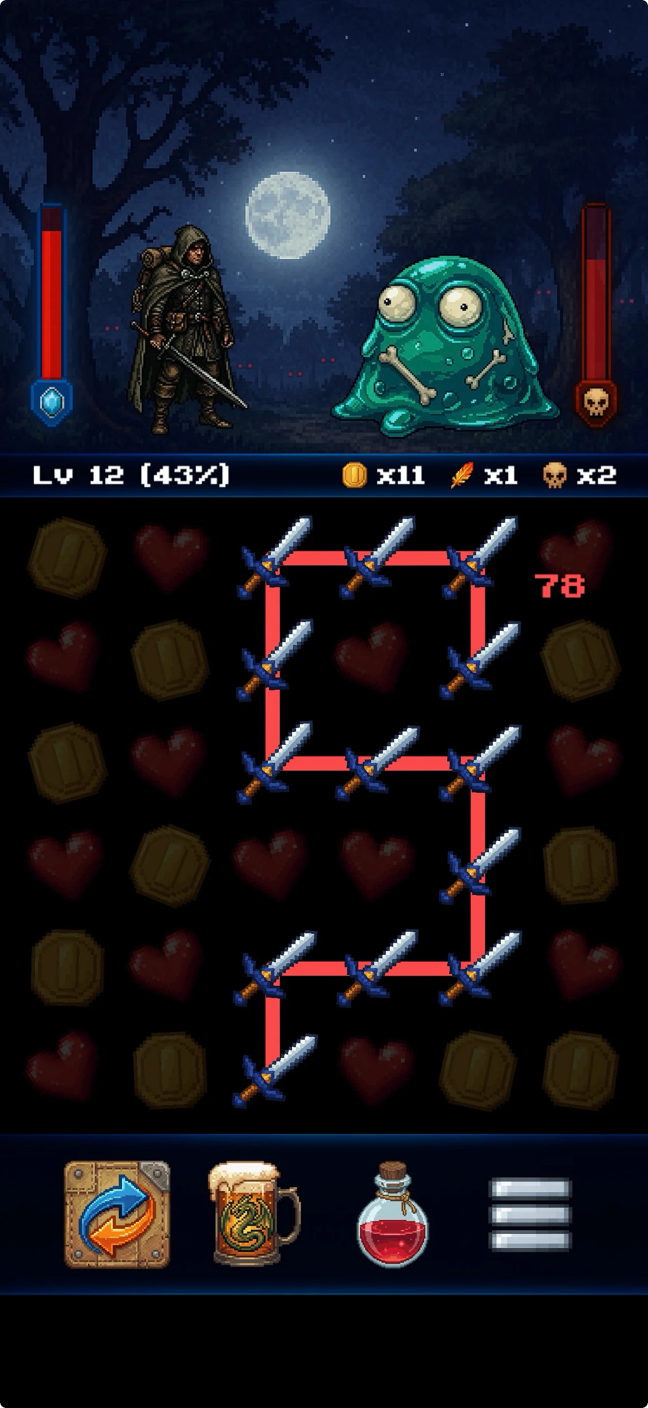 Dungeon Story — Ranger lines up a massive sword chain against a moonlit forest slime for 78 damage