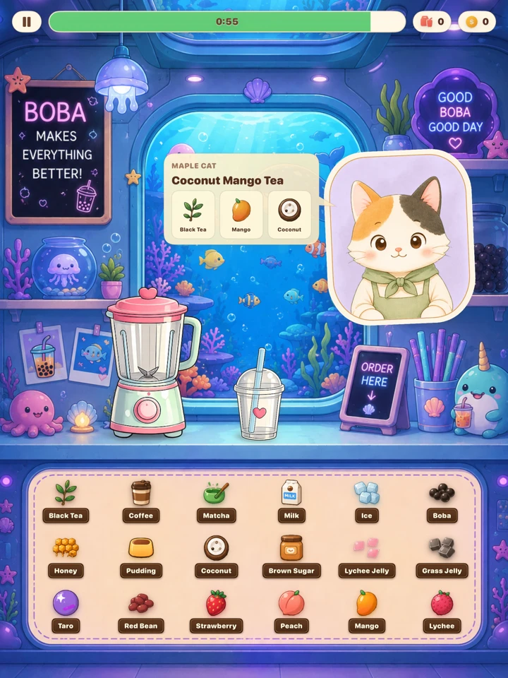 Mini Boba Shop - underwater boba shop scene with aquatic cafe decor